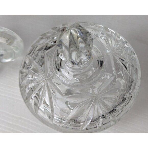 Vintage Pressed Glass Lidded Sugar and Creamer Set Star Pattern 3-1/2" - Picture 6 of 13